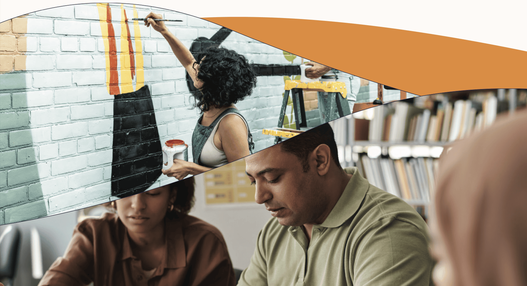 A muralist painting a colorful abstract scene on a brick wall Three people of color working and talking together in an office setting